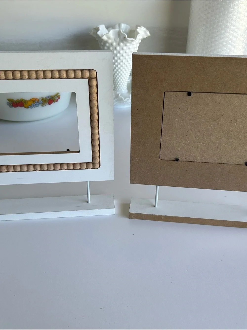 Set of White Wooden Beaded Photo Frame Stand